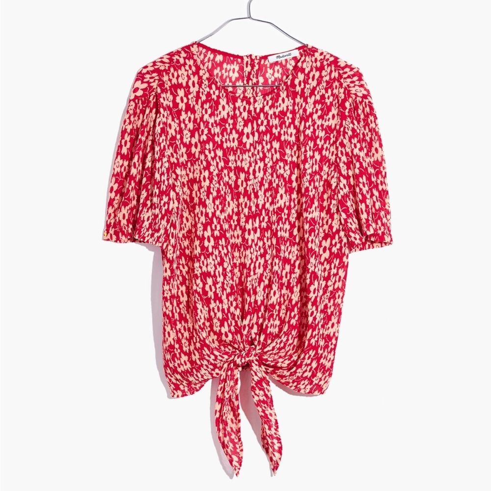 Madewell Women's Red Beige Floral Tie Front Crinkle Button Back Tee Top Size med